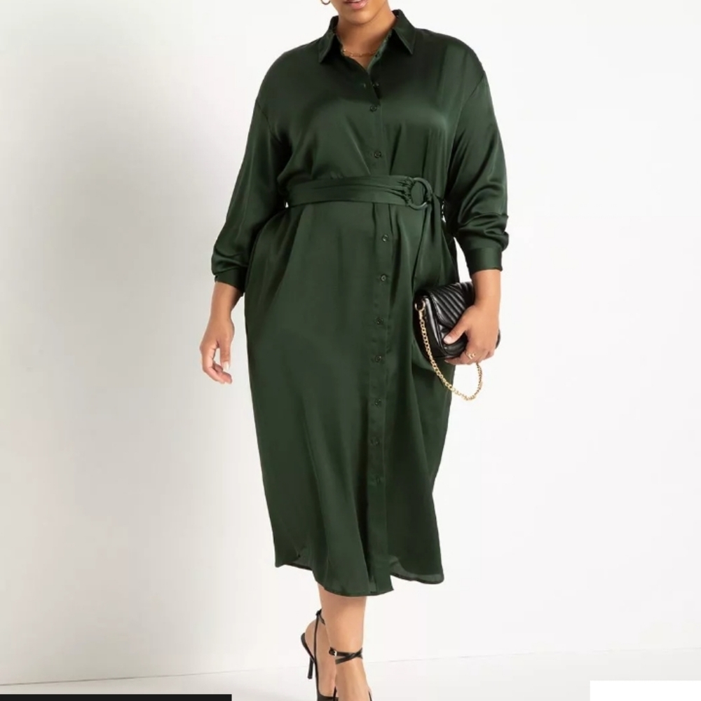 Eloquii Button Down Satin Shirt Dress, Green, size 18